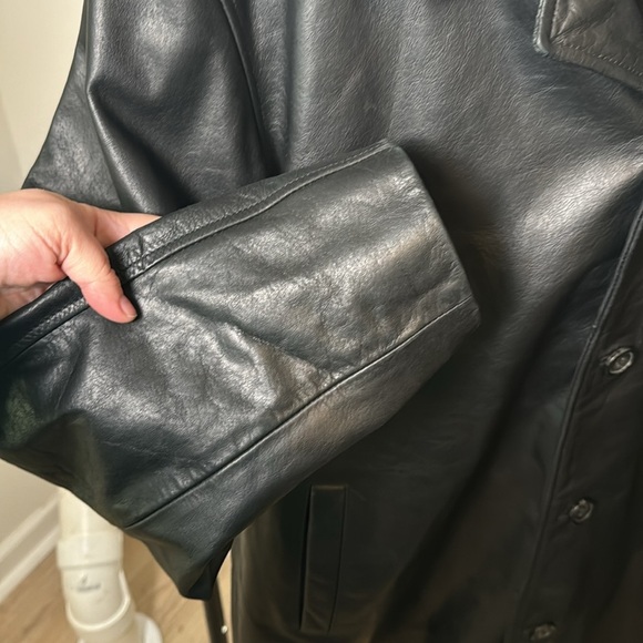 Vintage Merona Genuine Leather Black Long Trench Button Up Collared Jacket SZ L - Picture 4 of 8